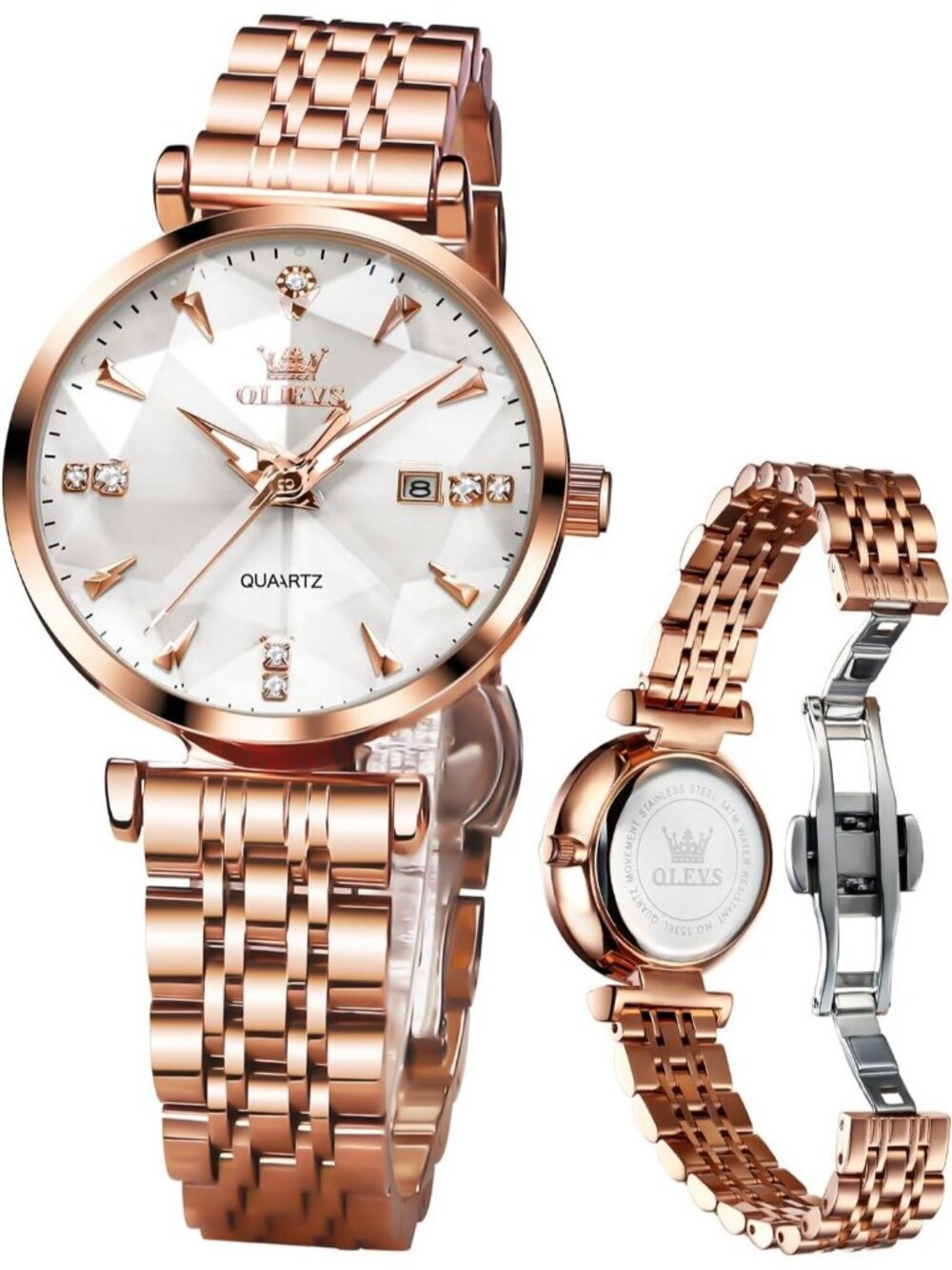 Women's White Diamond Rose Gold Stainless Steel Waterproof Quartz Luxury Watch